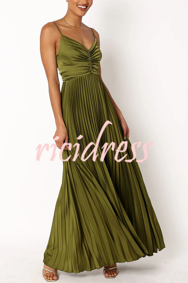 Catch The Light Satin Pleated V-neck Slip Maxi Dress