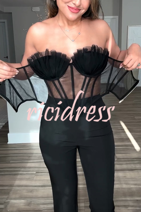 Sexy Hour Pleated Tulle See Through Sleeveless Zipper Corset Stretch Tank