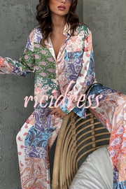 Unique Ethnic Print Long-sleeved Shirt and Elastic Waist Pants Set