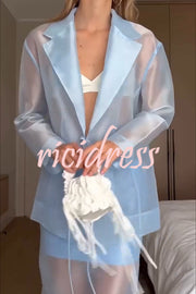 Simple and Light See-through Fabric Tie-up Long Sleeve Pocket Lapel Blazer