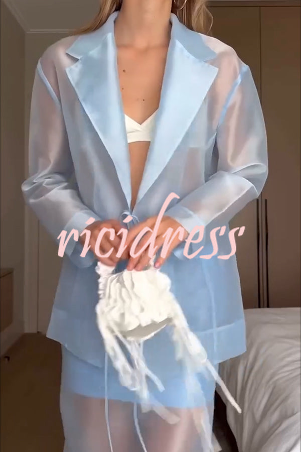 Simple and Light See-through Fabric Tie-up Long Sleeve Pocket Lapel Blazer