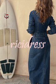 Tessy Denim Metal Button Zipper Shirt Stretch Pencil Slit Midi Dress