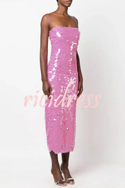 Sexy Sequined Halter-neck Backless Slim Fit Slit Midi Dress