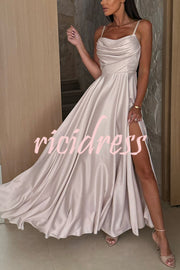 Solid Color Suspender Back Pleated Elegant Slit Full Hem Maxi Dress