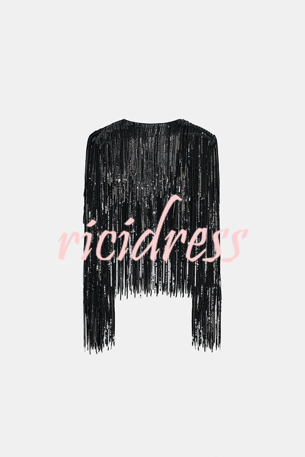Party Crasher Layered Sequined Tassels Long Sleeve Loose Jacket