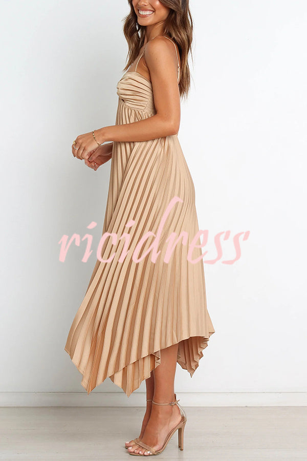 Solid Color Sexy Suspender Pleated Irregular Midi Dress