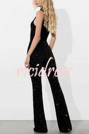 Sparkle Season Sequin High Rise Elastic Waist Stretch Flare Party Pants