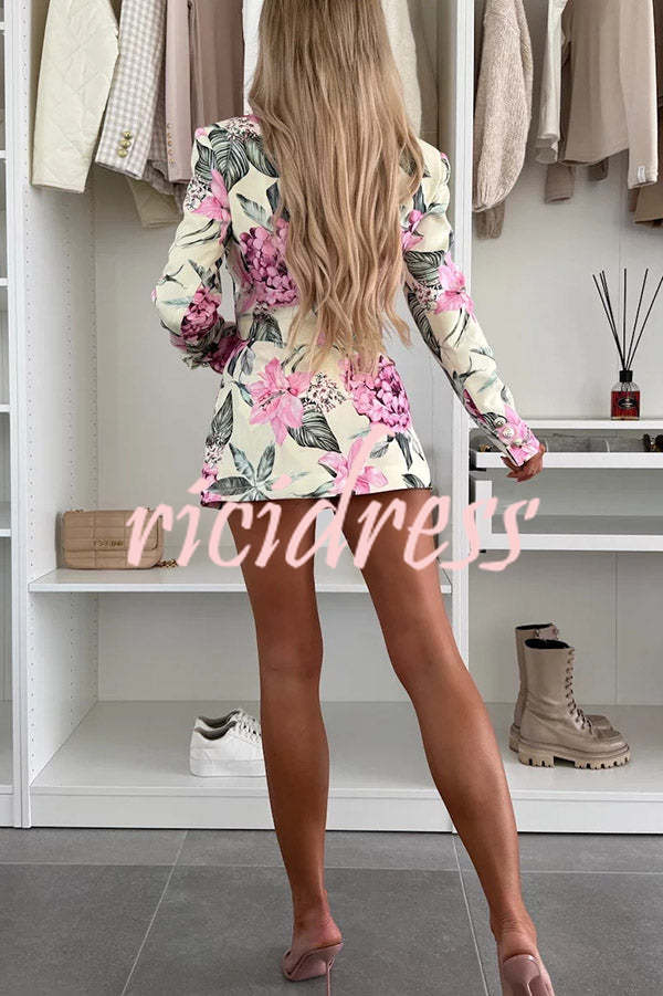 Picture Perfect Botanical Floral Print Long Sleeve Lapel Crop Blazer