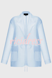 Simple and Light See-through Fabric Tie-up Long Sleeve Pocket Lapel Blazer