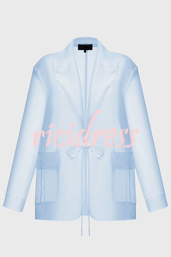 Simple and Light See-through Fabric Tie-up Long Sleeve Pocket Lapel Blazer