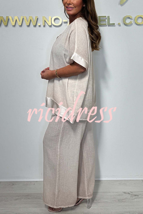 Fashionable V-neck Short-sleeved Loose Top and Elastic Waist Casual Wide-leg Pants Set
