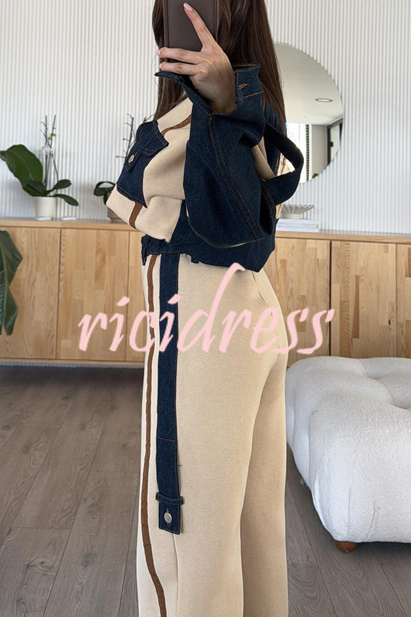 Chill Whispers Denim Patchwork Sweatshirt Fabric Zipper Long Sleeve Pocket Loose Jacket