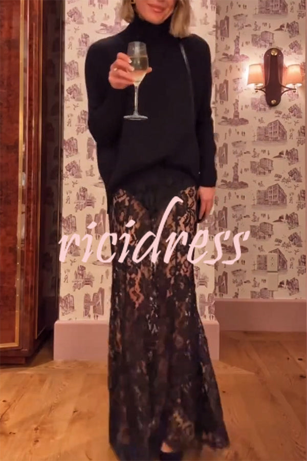 Make An Entrance Floral Stretch Lace Mid Rise Flare Maxi Skirt