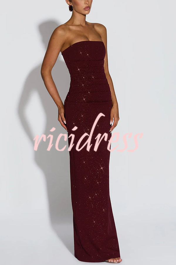 Pandra Glittery Crepe Fabric Off Shoulder Ruched Slit Cape Maxi Dress