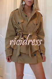 Chic Comfort Epaulettes Contrast Buttons Pocket Belt Cropped Trench Coat