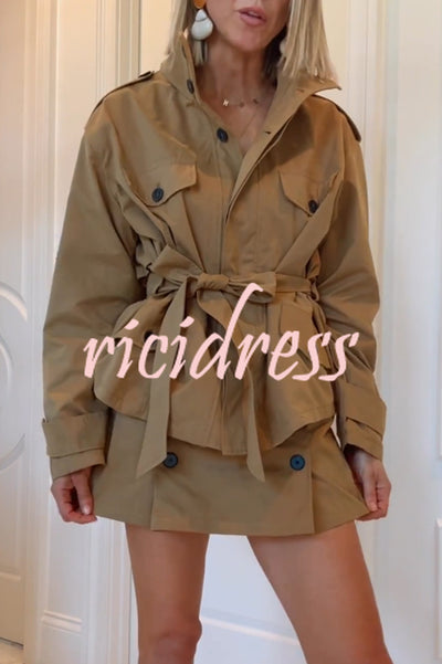 Chic Comfort Epaulettes Contrast Buttons Pocket Belt Cropped Trench Coat