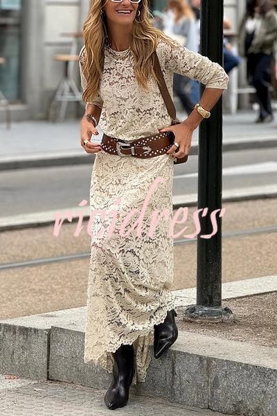 Hippie Elegance Lace Long Sleeve Crewneck Maxi Dress