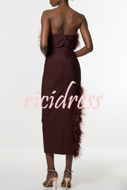 Retro and Glamorous Feather Trim Detail Bandeau Slit Stretch Midi Dress