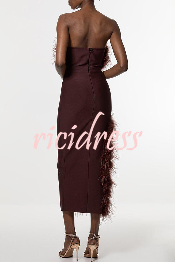 Retro and Glamorous Feather Trim Detail Bandeau Slit Stretch Midi Dress