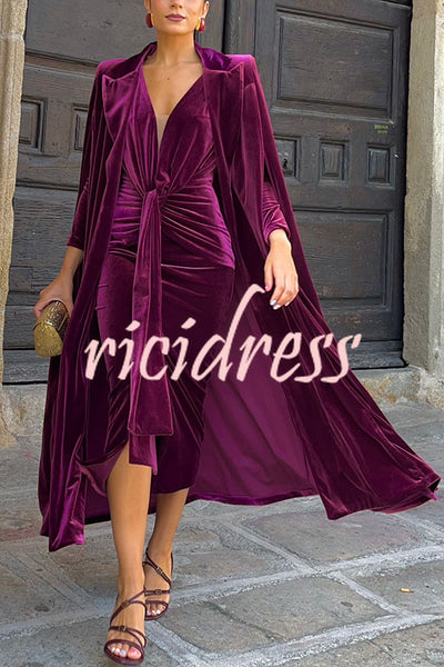 Olivienne Luxurious Velvet Padded Shoulders Slit Sleeve Lapel Midi Cape