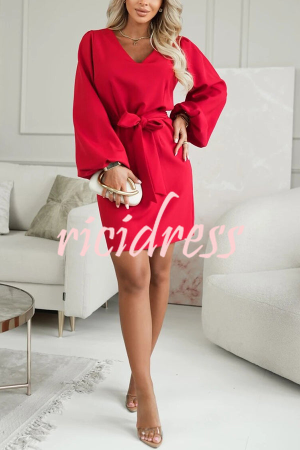 Holiday Gatherings V-neck Long Balloon Sleeve Tie-up Waist Loose Mini Dress