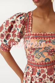 Floral Print Square Neck Puff Sleeve Tie Top and Elegant Casual Maxi Skirt Set