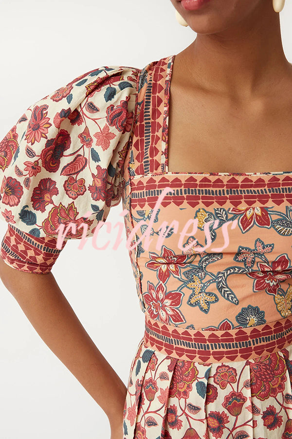 Floral Print Square Neck Puff Sleeve Tie Top and Elegant Casual Maxi Skirt Set