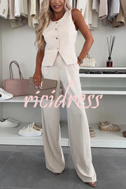 Workplace Chic Sleeveless Button Vest and Relaxed Pocket Wide Leg Pants Set