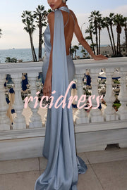 Crush on You Satin One Shoulder Backless Cape Maxi Dress