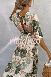 Floral Print V-neck Short Sleeve Waist Loose Full Hem Maxi Dress