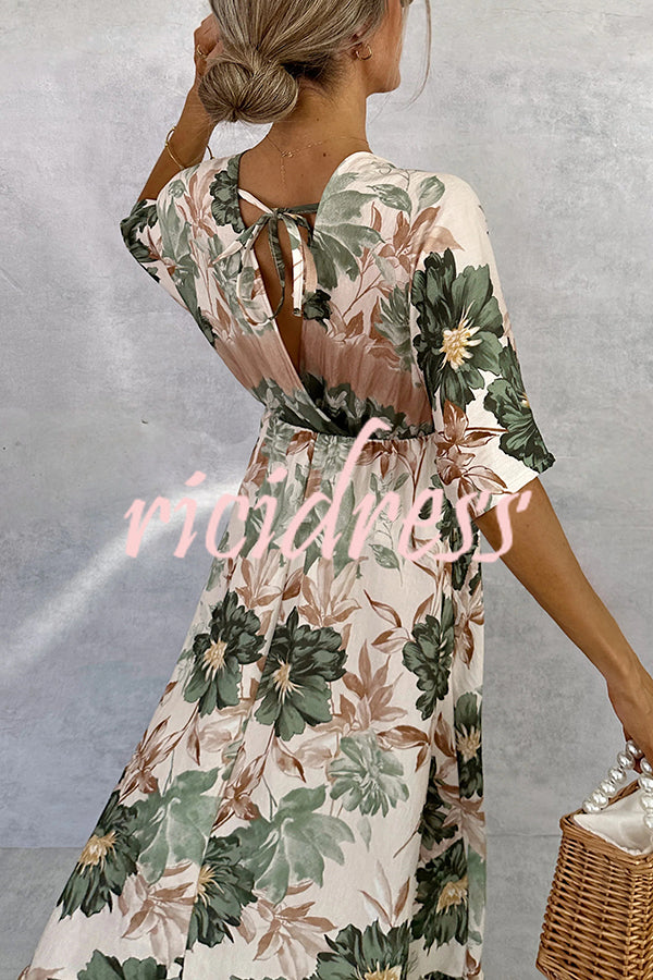 Floral Print V-neck Short Sleeve Waist Loose Full Hem Maxi Dress