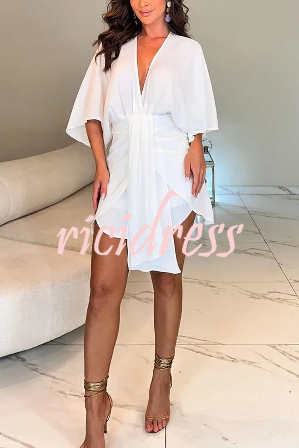 Solid Color V-Neck Half Sleeve Casual Irregular Mini Dress