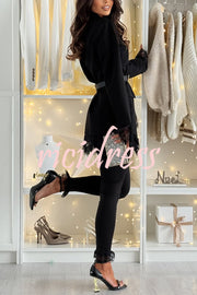 Spiced Muse Lace Trim Button Up Long Sleeve Lapel Blazer