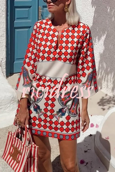 Unique Print V-Neck Loose Holiday Mini Dress