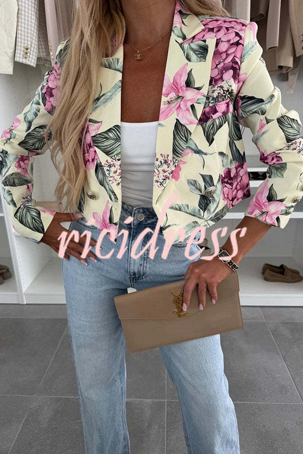 Picture Perfect Botanical Floral Print Long Sleeve Lapel Crop Blazer