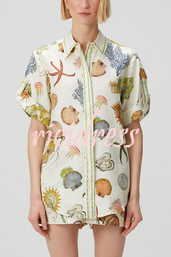 Beach Shell Print Short Sleeve Loose Shirt and Elastic Waist Tie Casual Pocket Shorts Set