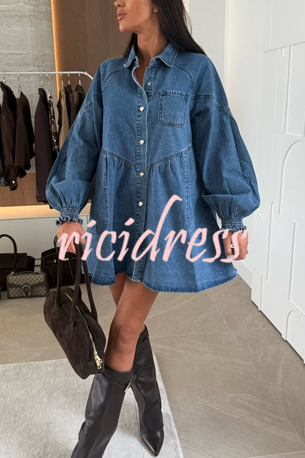 Fashion Heart Button Long Sleeve Casual Pocket Denim Mini Dress