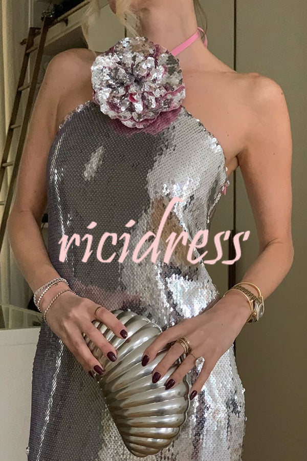 Moonlit Blooms Sequin Floral-appliqué Halter Neck Slit Gown Maxi Dress