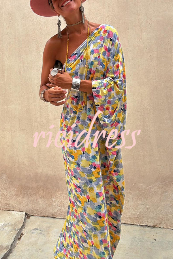 Indio Watercolor Print One Shoulder Drape Sleeve Maxi Dress