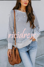 Knitted Striped Round Neck Dolman Sleeve Casual Loose Sweater