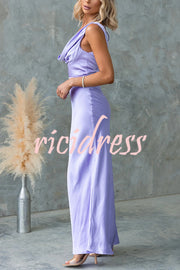 Chic Muse Satin Solid Color Cowl Neck Back Tie-up Maxi Dress