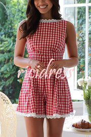 Plaid Print Sleeveless Pleated Waist Casual Rompers