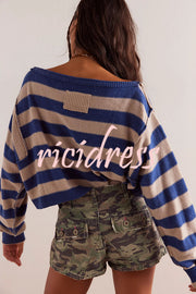 Striped Print Crew Neck Long Sleeve Loose Knitted Sweater