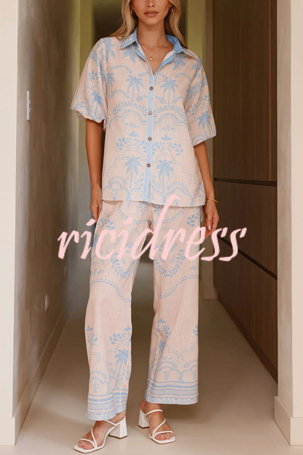 Linen Blend Lapel Puff Sleeve Loose Shirt and Casual Pocket Straight Pants Set