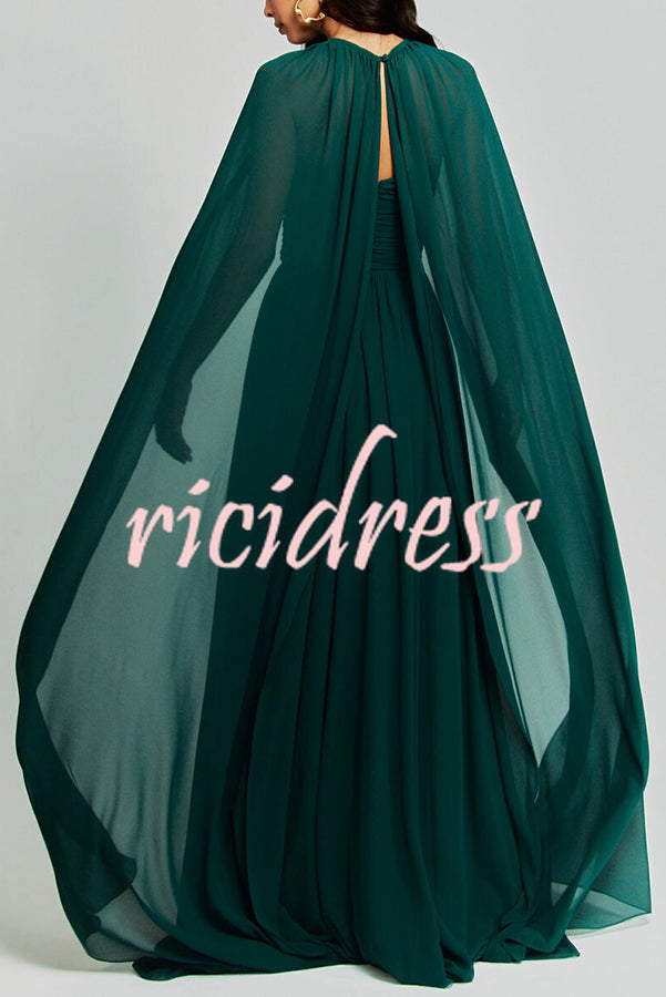 Romantic Party Chiffon Off Shoulder Sweetheart Neck Ruched Cape Maxi Dress