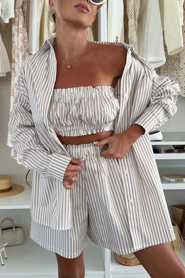 Zoie Striped Stretch Bandeau + Elastic Waist Pocket Shorts + Oversized Blouse 3 Pieces Set