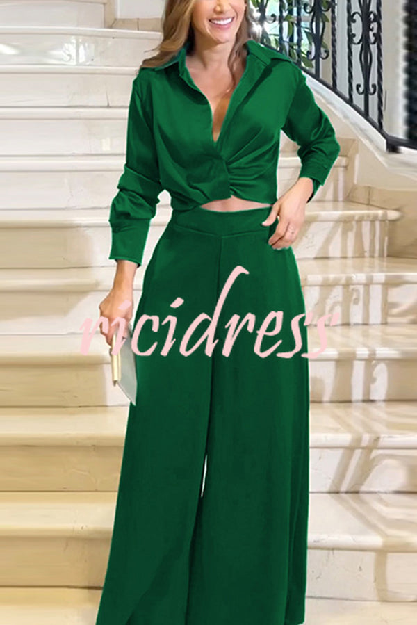 Satin Solid Color Lapel Long Sleeve Blouse and Loose-fitting Pocket Wide Leg Pants Set