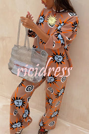 Mediterranean Art Knit Unique Sun Vortex Print Elastic Waist Wide Leg Pants