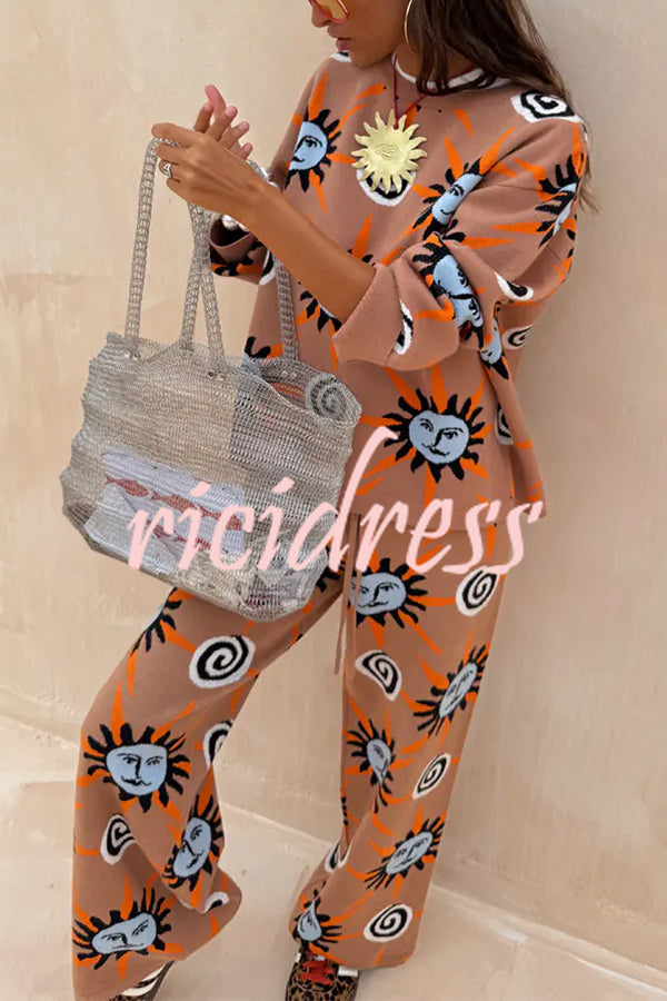 Mediterranean Art Knit Unique Sun Vortex Print Elastic Waist Wide Leg Pants