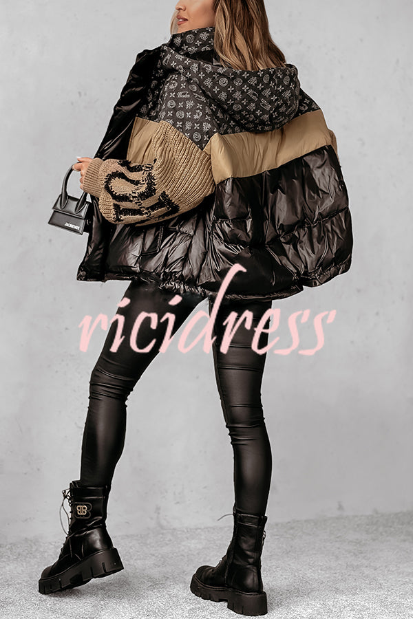 Stylish Denim Knit Long-sleeved Patchwork Hooded Pocket Thickened Jacket